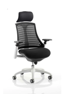 Dynamic Flex Task Operator Chair with white frame, black fabric seat, black backrest, and arms for ergonomic office seating.