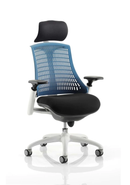 Dynamic Flex Task Operator Chair with white frame, black fabric seat, blue backrest, and armrests.