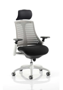 Dynamic Flex Task Operator Chair with white frame, black fabric seat, grey backrest, and armrests for ergonomic comfort.