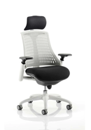 Dynamic Flex Task Operator Chair with white frame, black fabric seat, moonstone white backrest, and armrests.