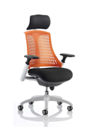 Dynamic Flex Task Operator Chair with white frame, black fabric seat, orange backrest, and armrests for ergonomic comfort.