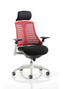 Dynamic Flex Task Operator Chair with white frame, black fabric seat, red backrest, and armrests for ergonomic office seating.