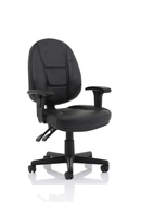 Black leather task operator chair with medium back support and adjustable arms, designed for ergonomic comfort by Dynamic.