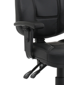 Black leather task operator chair with medium back support and adjustable armrests, designed for ergonomic comfort by Dynamic.