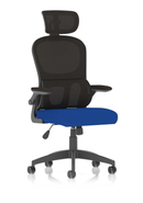 Dynamic Iris Task Operator chair with mesh back, fabric seat, and adjustable headrest in blue, ergonomic office seating.