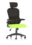 Dynamic Iris Task Operator chair with green fabric, mesh back, adjustable headrest, and ergonomic design.