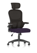 Dynamic Iris Task Operator chair with purple fabric mesh back, adjustable headrest, and ergonomic design for office comfort.