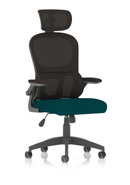 Dynamic Iris Task Operator chair with teal fabric, mesh back, adjustable headrest, and ergonomic design.