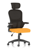 Dynamic Iris Task Operator mesh back fabric seat with headrest in yellow, featuring ergonomic design and adjustable head support.