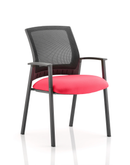 Dynamic Metro medium mesh back stacking visitor chair with arms in bespoke fabric, featuring a cherry finish and ergonomic design.