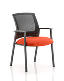 Dynamic Metro medium mesh back visitor chair with arms in vibrant orange fabric, stackable office seating for visitors.