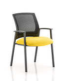Yellow Dynamic Metro medium mesh back stacking visitor chair with arms, featuring bespoke fabric upholstery and a modern design.
