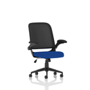Blue Dynamic Crew Task Operator Mesh Chair with folding arms and bespoke fabric, designed for ergonomic office seating.