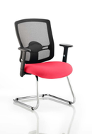 Dynamic Portland mesh back visitor chair with arms, featuring cherry fabric and cantilever design for comfortable office seating.