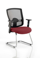 Dynamic Portland mesh back cantilever visitor chair with arms in vibrant chilli fabric, featuring a contemporary design.