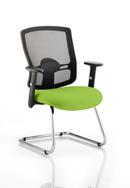 Green Dynamic Portland mesh back cantilever visitor chair with arms, featuring bespoke fabric and ergonomic design.