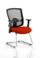 Orange Portland mesh back cantilever visitor chair with arms by Dynamic, featuring bespoke fabric upholstery and modern office design.
