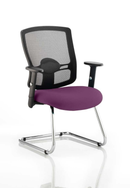 Dynamic Portland mesh back visitor chair with arms in purple fabric, featuring a cantilever design and ergonomic support.