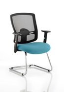 Dynamic Portland mesh back cantilever visitor chair with arms in teal fabric, featuring a modern design and ergonomic support.