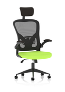 Dynamic Ace Executive Mesh Chair with folding arms in bespoke green fabric, featuring ergonomic design and adjustable support.