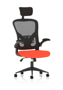Dynamic Ace Executive Mesh Chair with folding arms in bespoke orange fabric, showcasing ergonomic design and adjustable features.