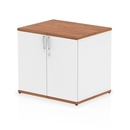 Dynamic Impulse Desk High Cupboard in walnut finish, featuring a white top surface and sturdy storage compartments.