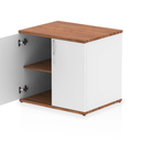 Dark walnut Impulse Desk High Cupboard by Dynamic with white accents, showing the sturdy wooden finish and storage compartments.