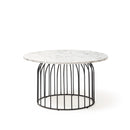 Dams Este circular coffee table with black wire frame and Carrara marble effect top, modern living room furniture.