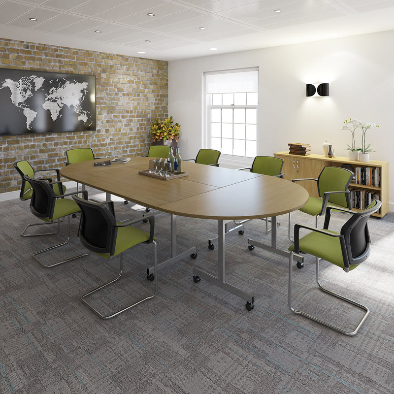 Semi Circular Fliptop Meeting Table With Silver Frame - Grey Oak - NWOF