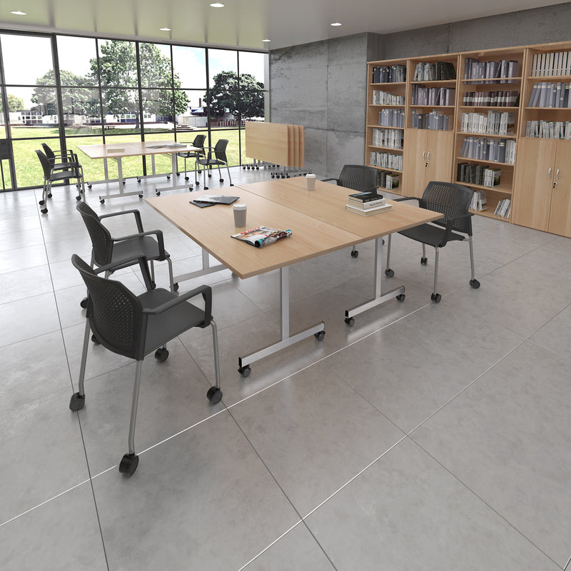 Semi Circular Fliptop Meeting Table With Silver Frame - Grey Oak - NWOF