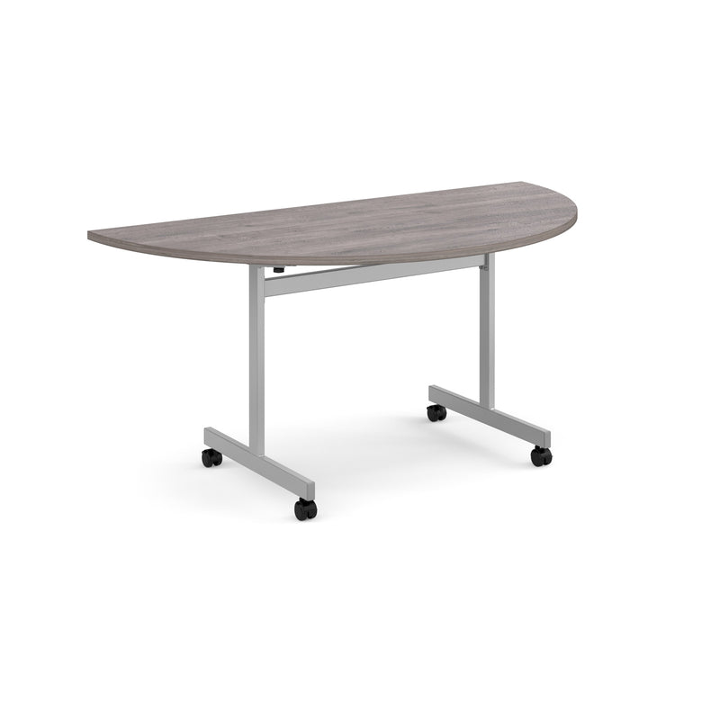 Semi Circular Fliptop Meeting Table With Silver Frame - Grey Oak - NWOF