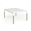White Connex Plus wooden goal-post back-to-back desk by Dams, showing the sturdy, minimalist design with natural wood finish.
