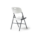 White Dams Hebe steel folding chairs with blow-moulded seats and backs, shown folded for easy storage, set of four.
