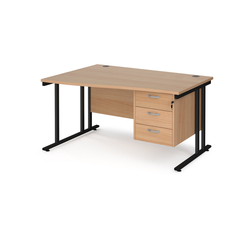 Maestro 25 Wave Desk With Cantilever Leg & Fixed 3 Drawer Pedestal - Beech - NWOF