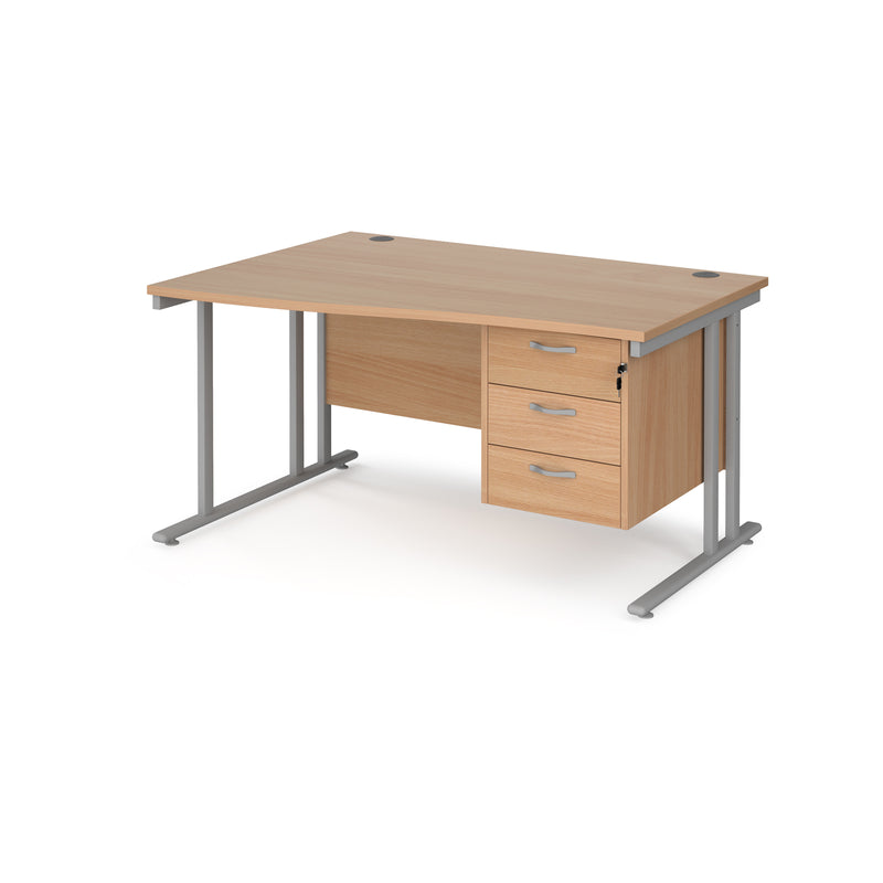 Maestro 25 Wave Desk With Cantilever Leg & Fixed 3 Drawer Pedestal - Beech - NWOF