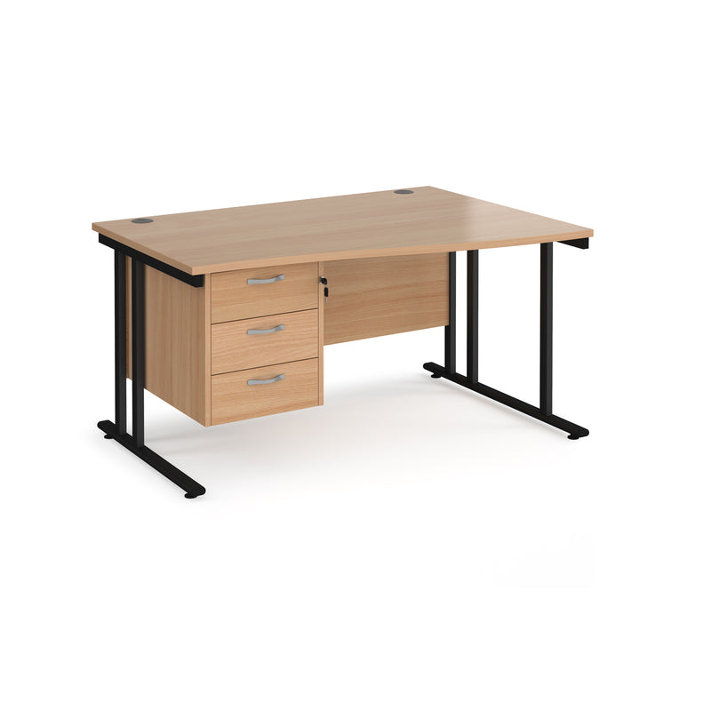 Maestro 25 Wave Desk With Cantilever Leg & Fixed 3 Drawer Pedestal - Beech - NWOF