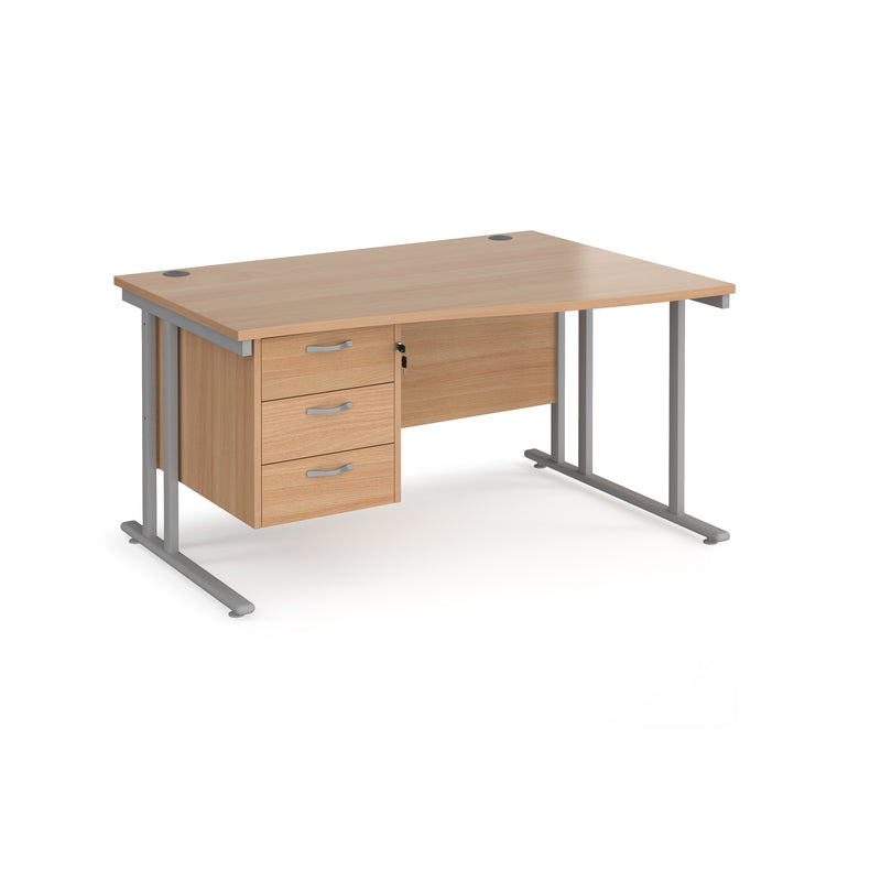 Maestro 25 Wave Desk With Cantilever Leg & Fixed 3 Drawer Pedestal - Beech - NWOF