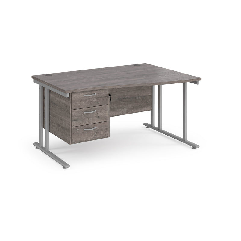 Maestro 25 Wave Desk With Cantilever Leg & Fixed 3 Drawer Pedestal - Grey Oak - NWOF