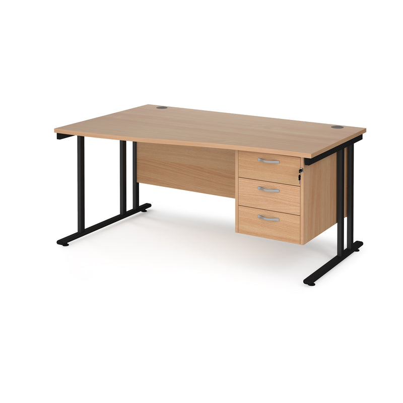 Maestro 25 Wave Desk With Cantilever Leg & Fixed 3 Drawer Pedestal - Beech - NWOF