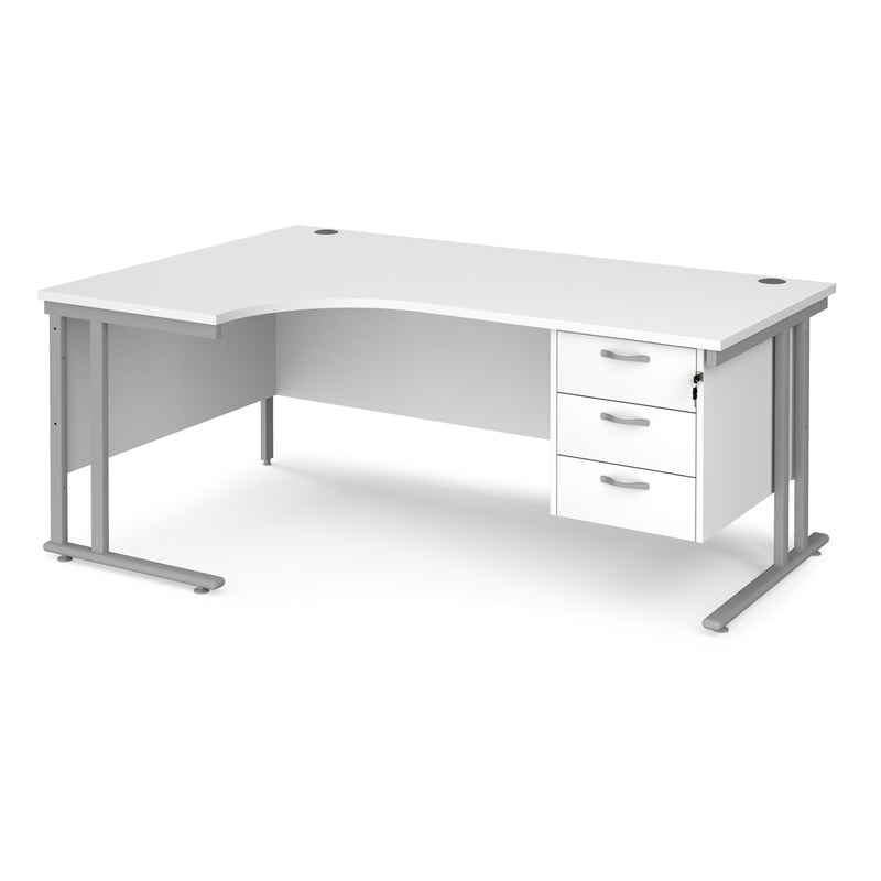 Maestro 25 Ergonomic Desk With Cantilever Leg & Fixed 3 Drawer Pedestal - White - NWOF