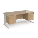 Dams Maestro 25 straight desk with 800mm depth, two fixed 2-drawer pedestals, cantilever legs, white finish.