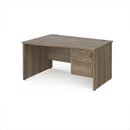 Dams Maestro 25 Wave Desk with panel end leg and fixed two-drawer pedestal in Nebraska Oak finish.