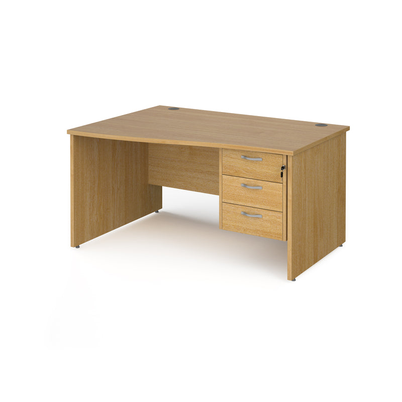 Maestro 25 Wave Desk With Panel End Leg & Fixed 3 Drawer Pedestal - Oak - NWOF