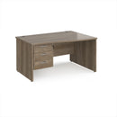 Dams Maestro 25 Wave Desk with Nebraska Oak finish, panel end leg, and fixed 3-drawer pedestal shown from front view.