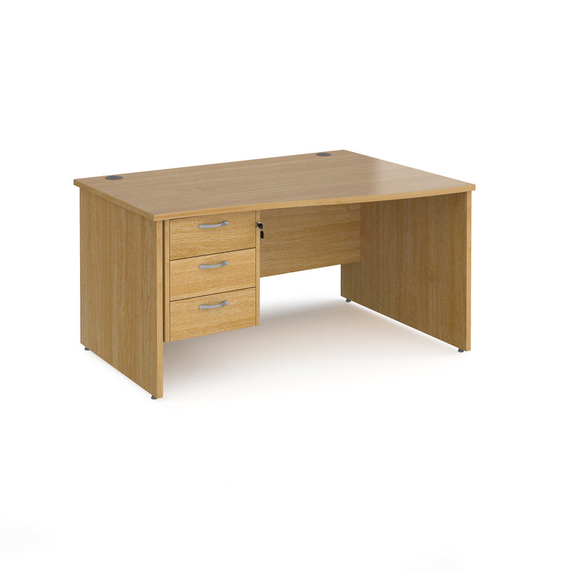 Maestro 25 Wave Desk With Panel End Leg & Fixed 3 Drawer Pedestal - Oak - NWOF