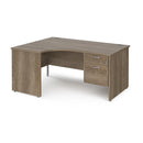 Dams Maestro 25 ergonomic desk with panel end leg and fixed two-drawer pedestal in Nebraska Oak finish.