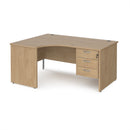 Dams Maestro 25 ergonomic desk with Kendal Oak finish, panel end leg, and fixed 3-drawer pedestal shown from a side view.