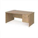 Dams Maestro 25 Wave Desk with Kendal Oak finish, panel end leg, and fixed 2-drawer pedestal, showing the desk's curved design and wood texture.