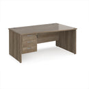 Dams Maestro 25 Wave Desk with Nebraska Oak finish, panel end legs, and fixed 3-drawer pedestal shown from side angle.