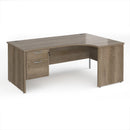 Dams Maestro 25 ergonomic desk with panel end legs and fixed 2-drawer pedestal in Nebraska Oak finish.
